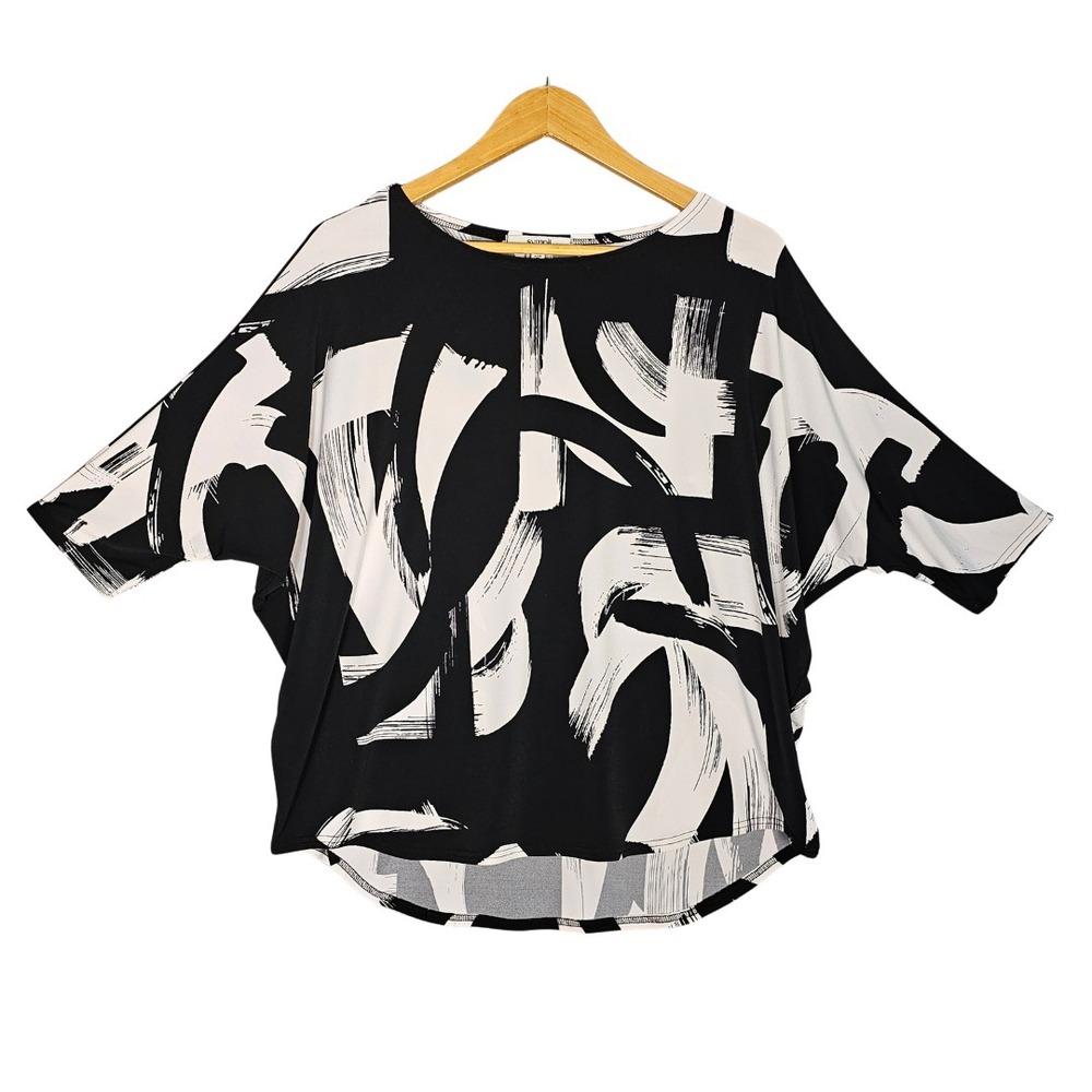 Sympli Womens 10 Black White Abstract Dolman Top Boat Neck Jersey Made in Canada
